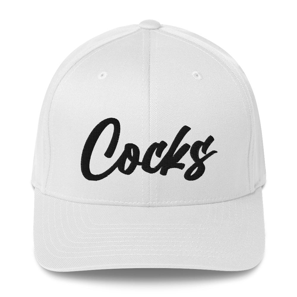 white hat black script front