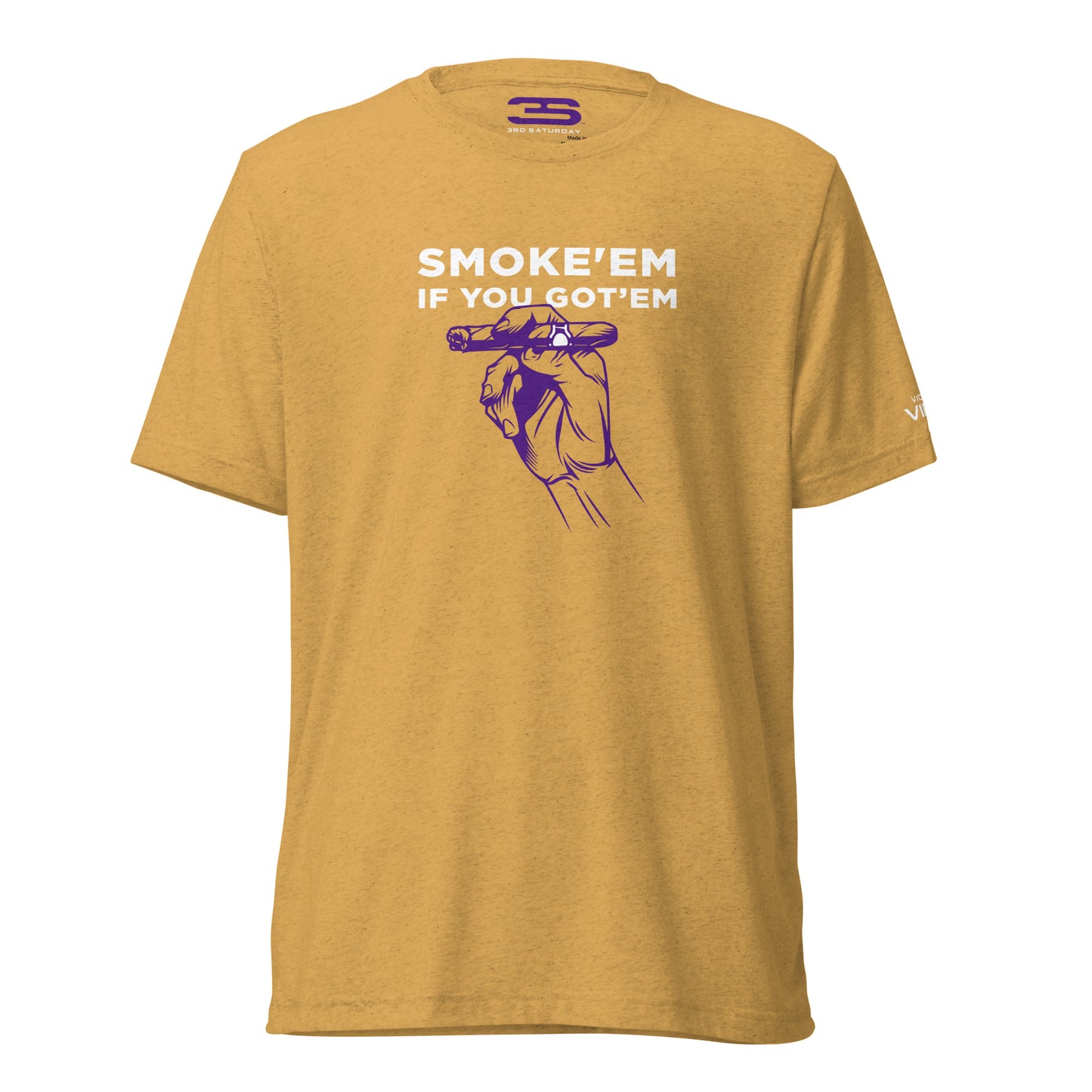 gold tee with purple cigar